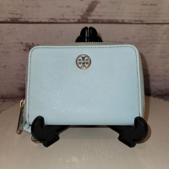 Tory Burch Emerson Zip Around Mini Wallet In Soft Baby Blue - Picture 1 of 7